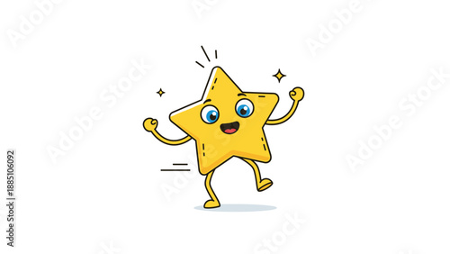 A cheerful and energetic cartoon golden star character with a happy face, running and sparkling to represent success and winning.
