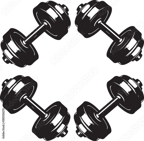 Four black dumbbells arranged in a circular pattern on white background fitness equipment weights exercise equipment