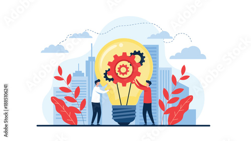 A team of people collaborates to assemble gears inside a giant light bulb, symbolizing teamwork, innovation, and building a business idea.