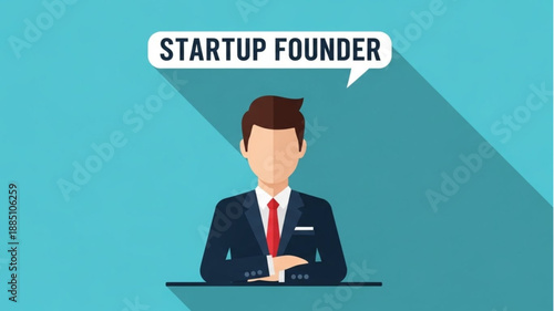 Startup founder in suit with briefcase and speech bubble.