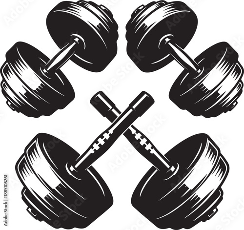 Four black dumbbells arranged in a cross shape weight fitness exercise