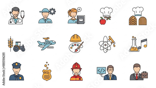 Collection of Diverse Professional Career Icons Representing Various Occupations.