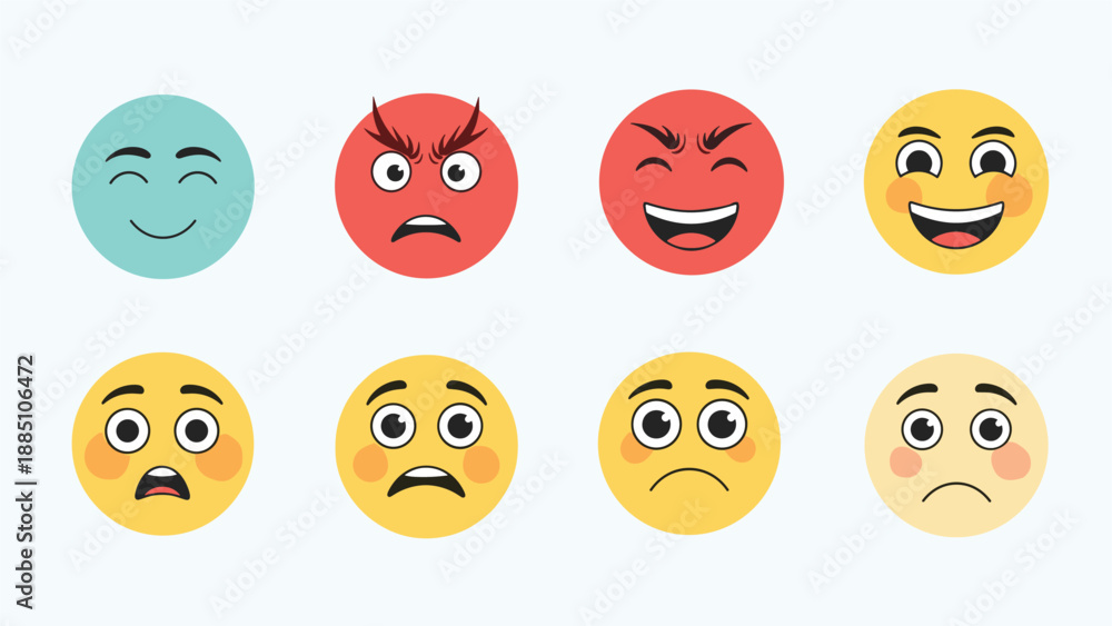 Fototapeta premium A colorful set of eight round cartoon emoji faces showing a wide range of human emotions from happy and angry to sad and surprised.