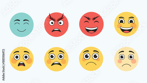 A colorful set of eight round cartoon emoji faces showing a wide range of human emotions from happy and angry to sad and surprised.
