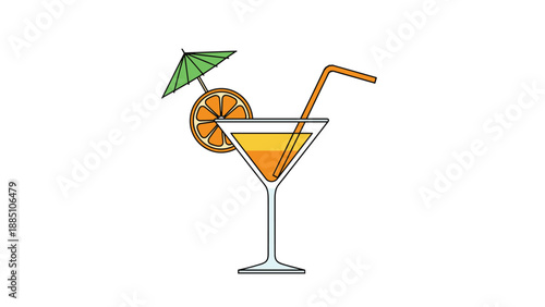 A refreshing summer cocktail in a martini glass garnished with an orange slice, straw, and a small umbrella on a white background.