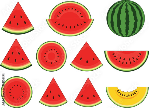 Watermelon vector set featuring whole fruit slices wedges and half circles including red and yellow varieties with seeds