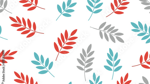 A simple and modern seamless pattern with scattered stylized leaves in red, blue, and gray colors, perfect for a minimalist background.