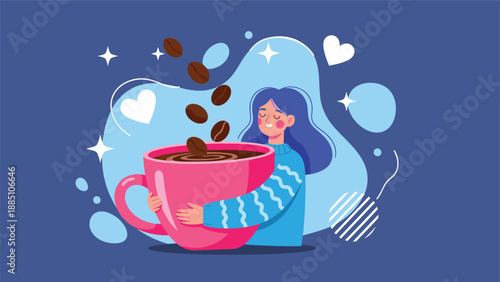 A smiling woman with blue hair enjoys the aroma while hugging a large pink mug of coffee with beans falling in, showing love for coffee.