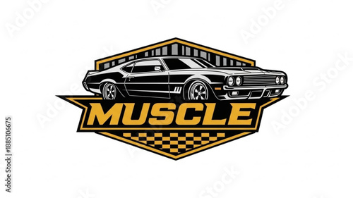 Classic Muscle Car Emblem with Checkered Pattern.