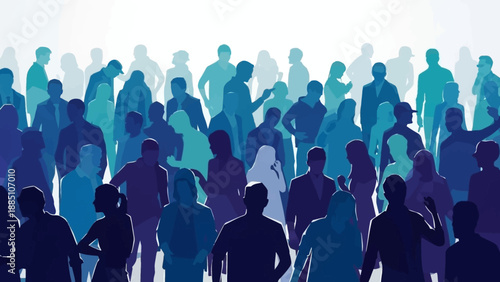 Diverse Crowd Of People Silhouettes In Blue Tones.