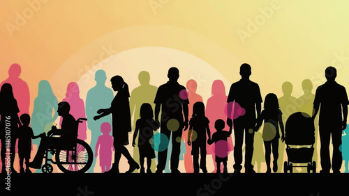 Diverse group of people silhouettes in various ages and abilities.