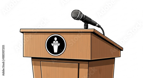 Wooden podium with microphone and speaker emblem for presentations and public speaking events