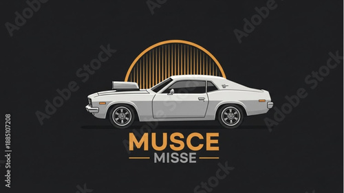 Classic White Muscle Car with Sunburst Graphic.