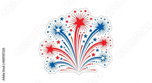 Vibrant red white and blue fireworks exploding with stars on a white background festive celebration symbol