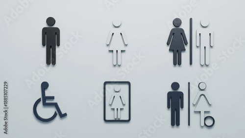Various Restroom Signs Including Male Female Accessible and Gender Neutral Options.