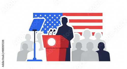 Politician giving a speech at a podium with american flag and crowd in background