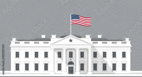 The white house with american flag waving on top against gray background symbolizing government and politics
