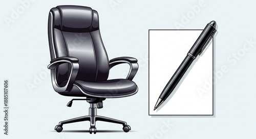 Black leather office chair with armrests and a pen on a notepad modern workspace professional office equipment sleek design gray background