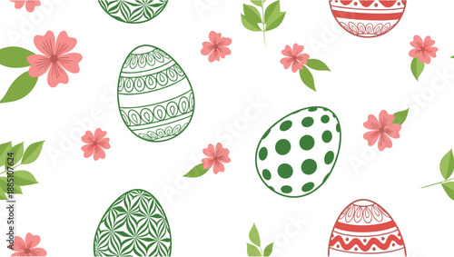 A festive seamless pattern for Easter with beautifully decorated eggs, pink flowers, and green leaves scattered on a white background.