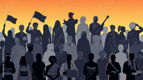 Diverse Crowd People Silhouette Gathering Together Unity.