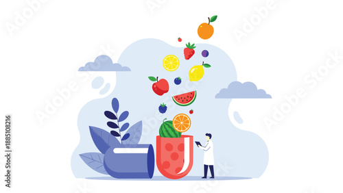 A scientist stands by a giant open capsule with various fresh fruits flying out, representing vitamins, supplements, and nutrition.