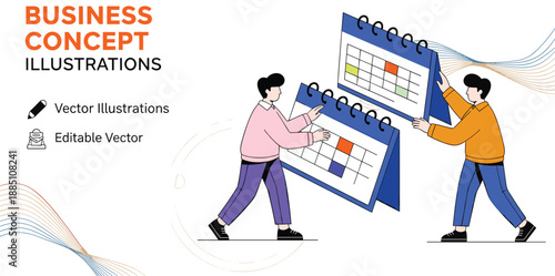 Business people holding giant calendars for project planning schedule management time optimization and productivity organization vector flat illustration for corporate workflow strategy