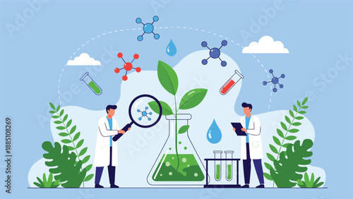 Scientists in a lab research a plant in a flask with molecules floating around, symbolizing biotechnology and botanical science.