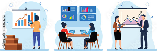 Business professionals analyzing financial data charts, presenting growth statistics on boards, working on laptops, and conducting corporate meetings in a modern office environment.