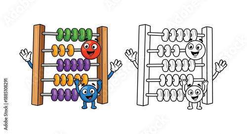 Fun Abacus Illustration Featuring Cute Cartoon Characters for Elementary Math and Student Education