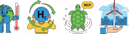 Global warming impact on earth and wildlife habitat protection with renewable energy solutions like green hydrogen wind power and solar energy