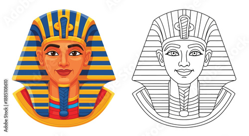 Ancient Egyptian Pharaoh Mask Detailed Color Line Art for History Education and Cultural Design