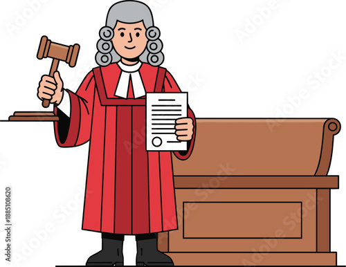 Professional judge in red robe wearing gray wig holding wooden gavel and legal document standing behind courtroom bench flat vector illustration design