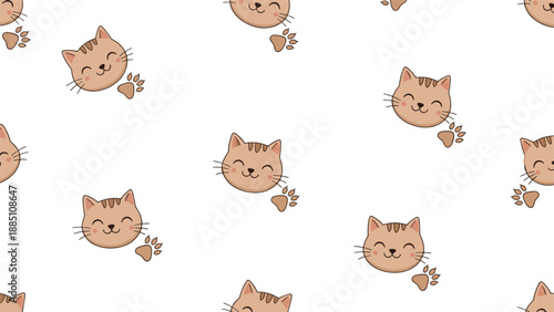 An adorable seamless pattern with cute smiling cat faces and paw prints on a clean white background, perfect for pet lovers.