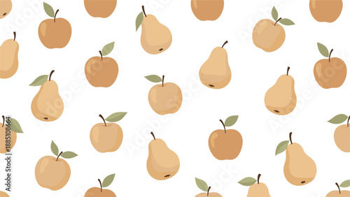 A seamless autumn pattern with simple apples and pears in warm, earthy tones on a white background, perfect for harvest season designs.
