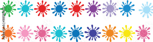 Set of colorful paint splats liquid drops in rainbow colors arranged in horizontal rows on white background for creative art graphic design projects