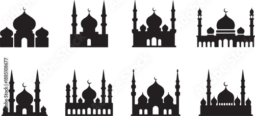 Ramadan Mosque Silhouette Icon Set Vector