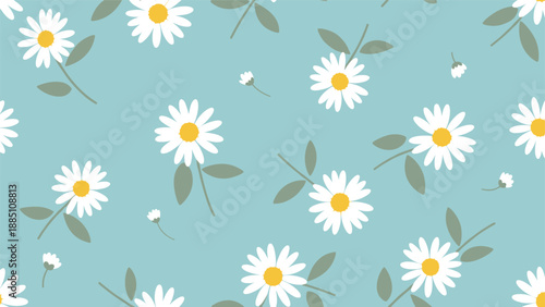 A lovely seamless pattern with white daisies and green leaves scattered on a muted blue-green background for a fresh floral design.
