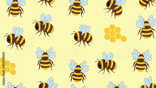 A cute seamless pattern with cartoon bees and honeycombs on a light yellow background, perfect for children's designs and products.