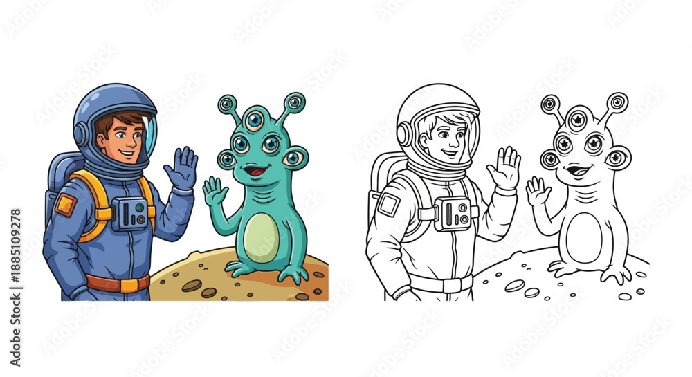 Naklejka premium Friendly Astronaut Greeting Alien in Outer Space Discovery Scene Color and Black and White Set