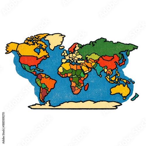 World Map illustration: A vibrant, colorful illustration of the world map, showcasing a diverse array of countries and continents, all against a textured backdrop.