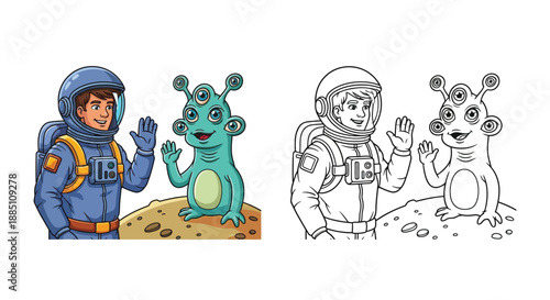 Friendly Astronaut Greeting Alien in Outer Space Discovery Scene Color and Black and White Set
