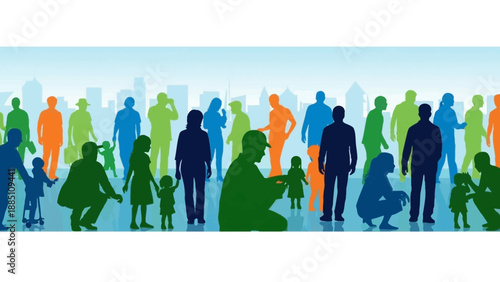 Diverse Crowd Silhouettes Against Cityscape Background.