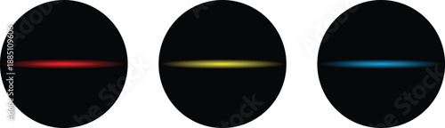 Three black circles, minimalist design, red yellow cyan light lines, simple modern graphic