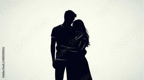 Silhouette of a loving couple embracing against a white background.