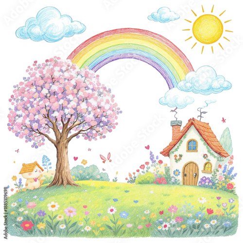 Vibrant Watercolor Scene: A quaint cottage nestles beside a blooming tree and a rainbow arches across a serene sky, capturing a scene of idyllic charm.