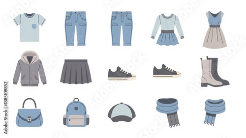 Collection of Childrens Clothing and Accessories Flat Lay.