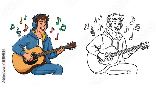 Young Boy Playing Electric Guitar With Headphones Musical Passion Color and Sketch Illustration