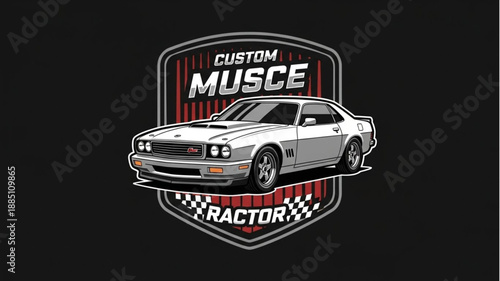 Classic Muscle Car Emblem with Racing Flags.