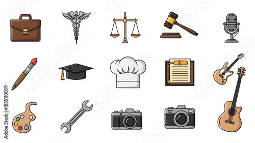 Collection of professional and creative icons representing various careers and hobbies.