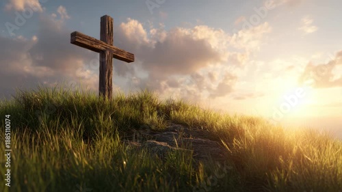 Wooden cross hilltop sunrise with golden light and peaceful sky wooden cross grassy hill sunrise with warm light and peaceful sky wooden cross hill sunrise with glowing sky and peaceful atmosphere